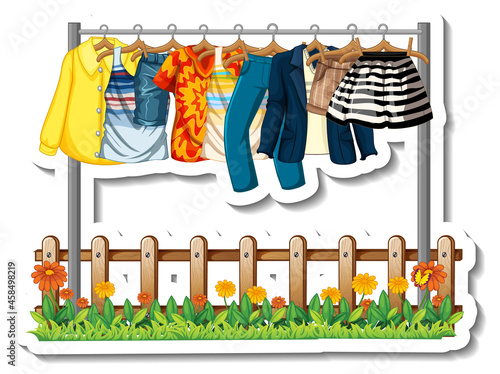 A sticker template of Clothes racks with many clothes on hangers on white bac...