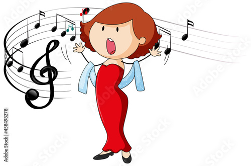 Doodle cartoon character of a singer woman singing with musical melody symbols