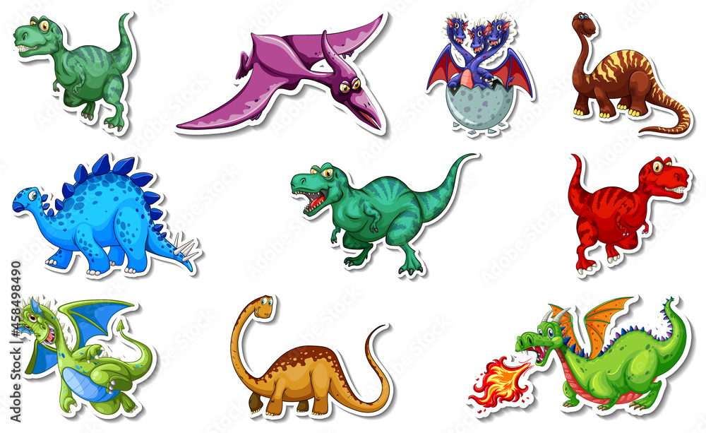 Fototapeta premium Sticker set with different types of dinosaurs cartoon characters