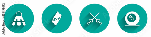 Set Badminton shuttlecock, Flippers for swimming, Fencing and Billiard pool snooker ball icon with long shadow. Vector