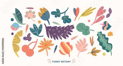 Set of surreal plants and leaves. Colorful hand drawn floral collection. Childish cartoon graphics. Vector