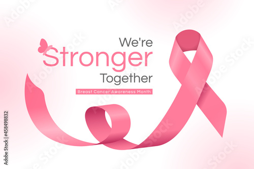 We are stronger together, Breast cancer awareness month text and pink ribbon rolling wave vector Design