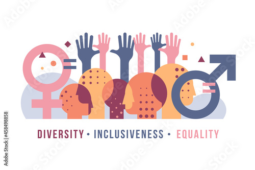 Inclusiveness Diversity Equality concept with abstract modern Various people is heads, gender symbol and equal sign, Equally raised hand symbol vector design photo