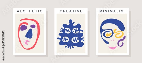 Surreal portraits. Three trendy posters in contemporary minimalistic style. Abstract illustrations inspired by Matisse graphics. Vector template