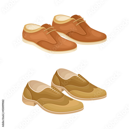 Fashionable shoes set. Brogues and oxford footwear cartoon vector illustration