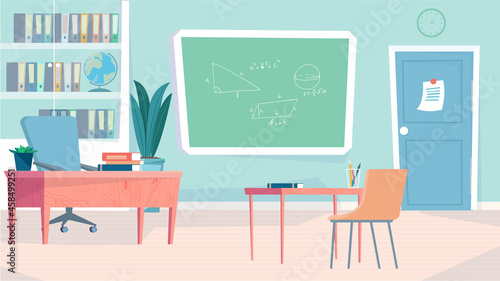 Classroom interior concept in flat cartoon design. Teacher and student workplaces. Classroom with blackboard, bookcase, tables and chairs, stationery, decor. Vector illustration horizontal background