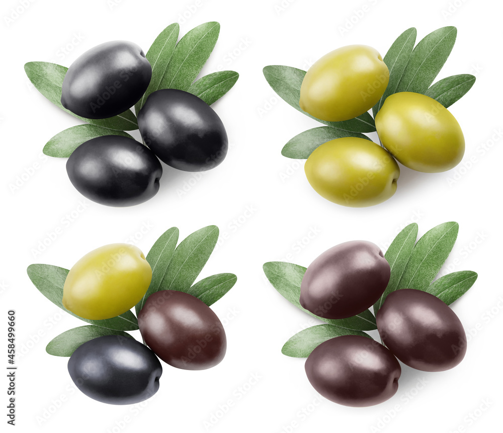 Delicious olives collection, isolated on white background Delicious olives collection, isolated on white background