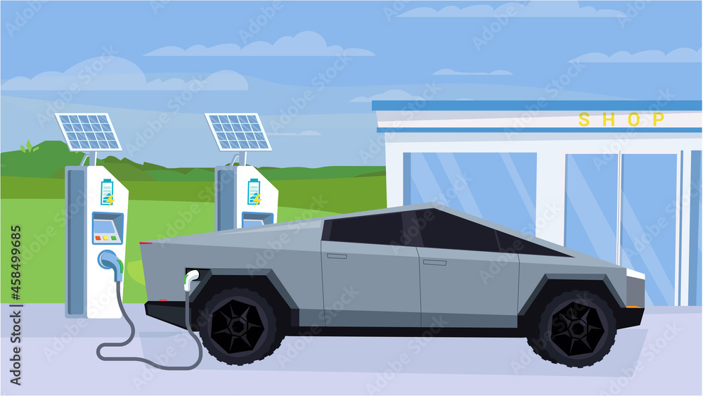 Electric car at refueling station concept in flat cartoon design. Station exterior with solar panels, shop, recharge service. Urban eco infrastructure. Vector illustration horizontal background