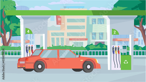 Car at gas station concept in flat cartoon design. Station exterior, refueling facility service, city street with trees. Urban infrastructure, transportation. Vector illustration horizontal background