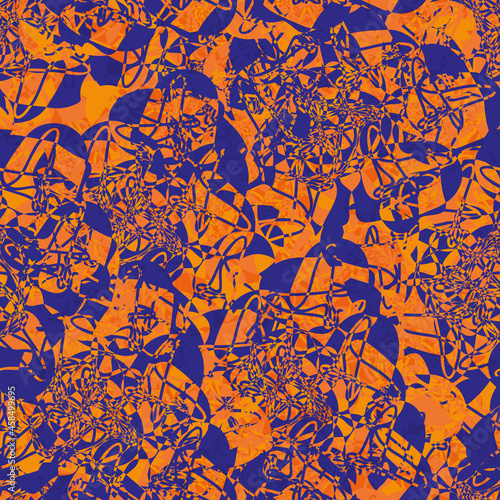 Abstract fluorescent mineral texture. Neon orange indigo rock surface vector seamless pattern background. Backdrop with blended jagged shapes. Simulated rock fluorite, calcite, corundum repeat.