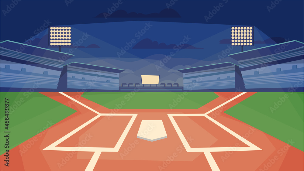 Baseball stadium concept in flat cartoon design. Sports field with base, floodlights, spectator stands. Competition stadium, sports center for the game. Vector illustration horizontal background