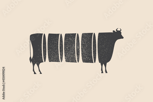 Dark silhouette of a cow sliced into pieces. Emblem template for dairy, meat products and farms. Can be used for dairy stores, markets and menu design, packaging and labels. Vector illustration.