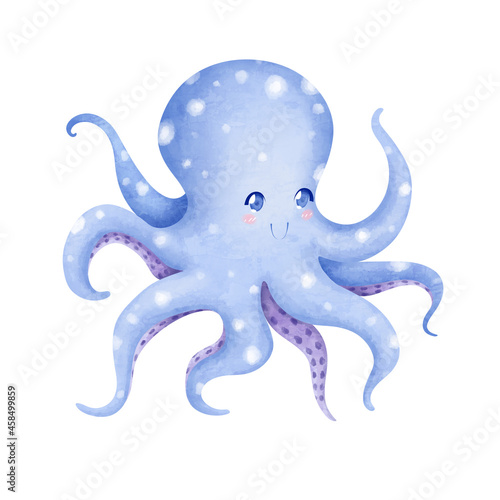 Cute blue octopus on a white background. Digital illustration. Children's illustration Suitable for children's clothing, postcards, prints, tableware, wallpaper, etc.