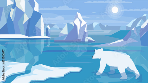 Antarctic landscape concept in flat cartoon design. Polar bear in cold water, huge ice blocks, icebergs, permafrost, snow and frost. Wildlife panoramic view. Vector illustration horizontal background