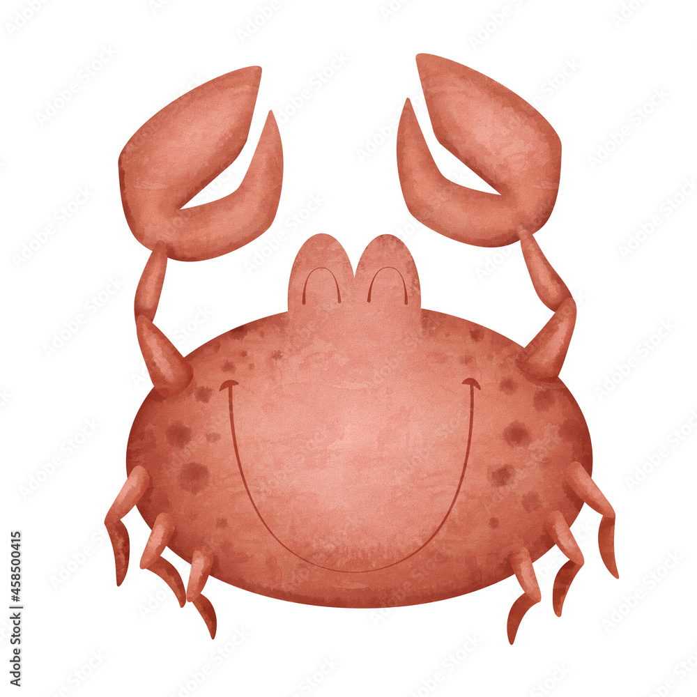 Crab in a childish cute style. Digital illustration. Cute illustration drawn in watercolor style. Marine, underwater world