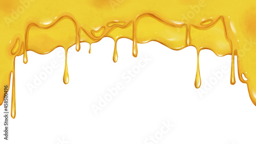 Sweet honey on a white background. Colorful background with delicious honey flowing from the edge. Dripping honey element isolated on white background. Drawn illustration for cafe, shop, bakery menu.
