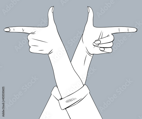Linear black and white stylized drawing of two female hands pointing in different directions