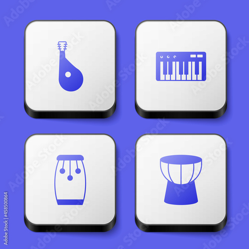 Set Bandura, Music synthesizer, Conga drums and African darbuka icon. White square button. Vector