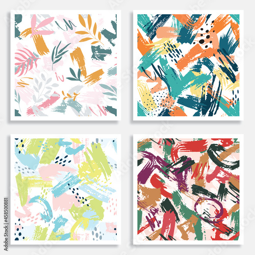 Set Colorful hand drawn trendy contemporary abstract shapes seamless pattern.Brush stroke pattern.Vector artwork.