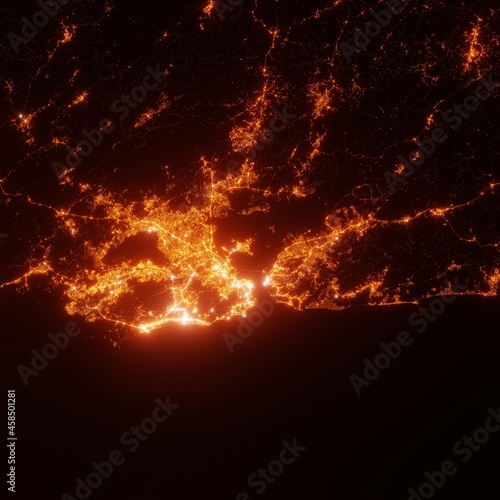 Rio de Janeiro city lights map, top view from space. Aerial view on night street lights. Global networking, cyberspace