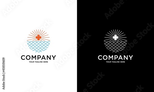 vector logo of ocean waves in a cross with sunshine view for medical research and pharmaceutical companies, suitable for companies with beach and sea themes in liner style.