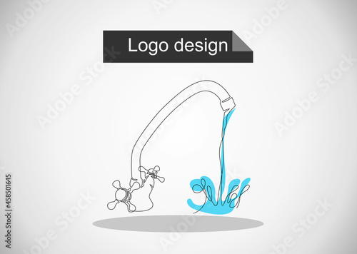 Running tap water linear icon.Open faucet contour symbol.Continuous one line drawing. 