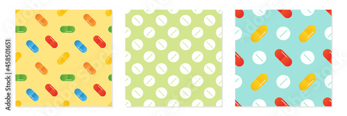 Set, collection of three colorful pills, medications, food supplements vector seamless pattern backgrounds.
