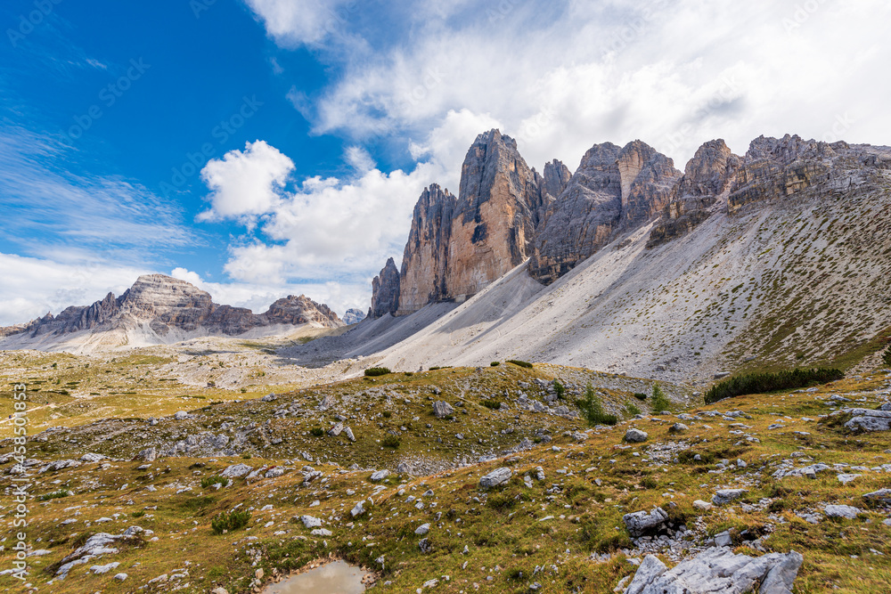 Tre Cime di Lavaredo or Drei Zinnen (three peaks of Lavaredo), north face, and Monte Paterno or Paternkofel, Sesto Dolomites (Dolomiti di Sesto), Trentino-Alto Adige and Veneto, Italy, Europe.