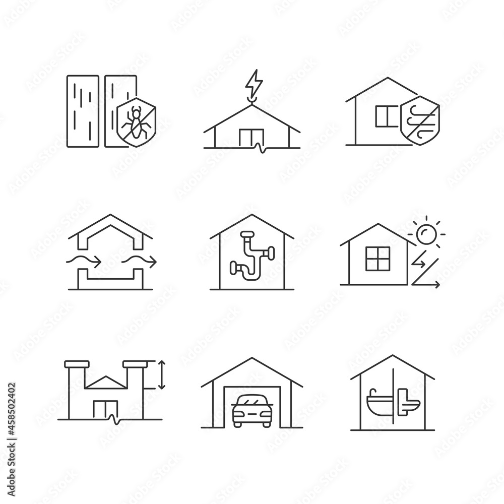 Home building standards linear icons set. Pest management. Lightning rod. Weather resistance. Customizable thin line contour symbols. Isolated vector outline illustrations. Editable stroke