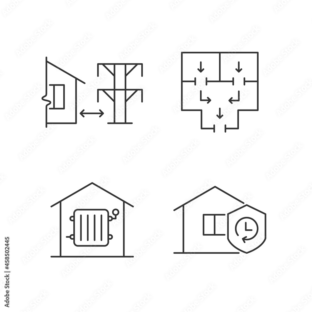 Home building regulation linear icons set. Distance from electric lines. Fire escape route. Customizable thin line contour symbols. Isolated vector outline illustrations. Editable stroke