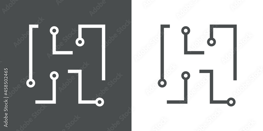 Logotipo letra inicial H con forma de circuito electrónico con lineas en fondo gris y fondo blanco Logotipo letra inicial H con forma de circuito electrónico con lineas en fondo gris y fondo blanco