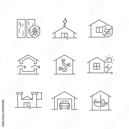 Home building standards linear icons set. Pest management. Lightning rod. Weather resistance. Customizable thin line contour symbols. Isolated vector outline illustrations. Editable stroke