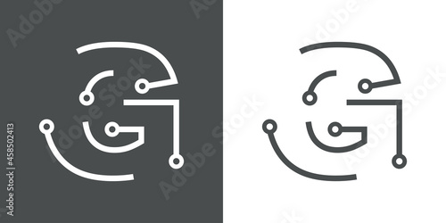 Logotipo letra inicial G con forma de circuito electrónico con lineas en fondo gris y fondo blanco