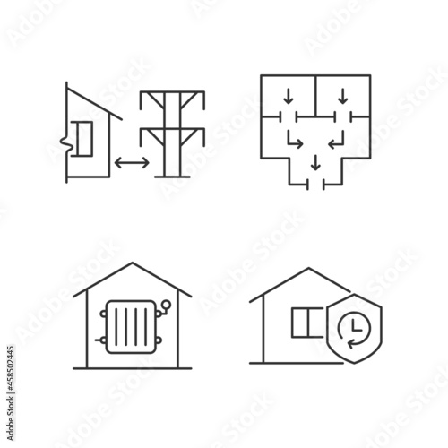 Home building regulation linear icons set. Distance from electric lines. Fire escape route. Customizable thin line contour symbols. Isolated vector outline illustrations. Editable stroke