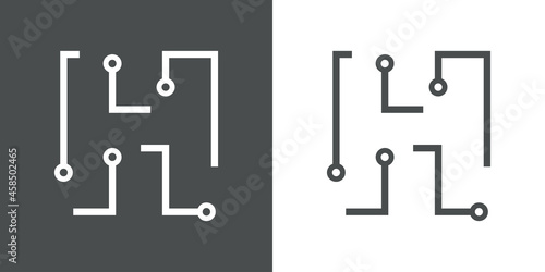 Logotipo letra inicial H con forma de circuito electrónico con lineas en fondo gris y fondo blanco