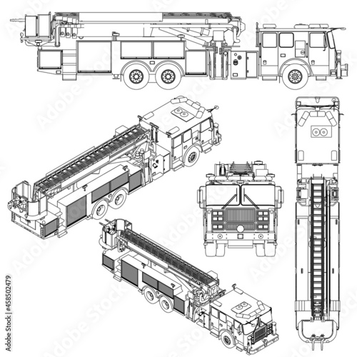 Set with the contours of the detailed firing machine from black lines isolated on a white background. 3D. Vector illustration