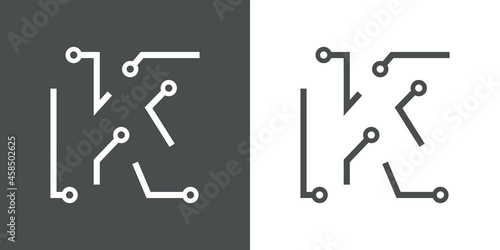 Logotipo letra inicial K con forma de circuito electrónico con lineas en fondo gris y fondo blanco