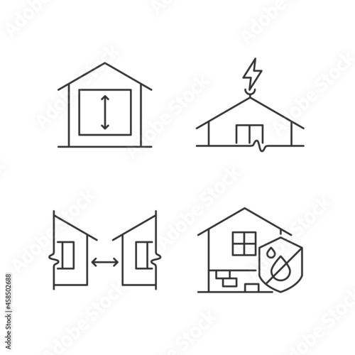Building safe house linear icons set. Minimum ceiling heights. Lightning rod. Damp proofing. Customizable thin line contour symbols. Isolated vector outline illustrations. Editable stroke photo