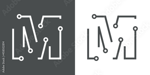 Logotipo letra inicial M con forma de circuito electrónico con lineas en fondo gris y fondo blanco