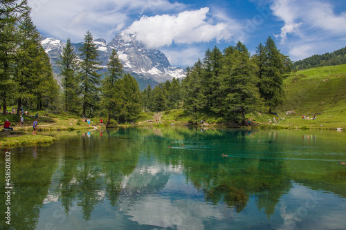 Fototapeta Naklejka Na Ścianę i Meble -  Idyllic alpine landscape with ducks in the lake in Valtournenche, Aosta Valley, Italy