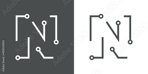 Logotipo letra inicial N con forma de circuito electrónico con lineas en fondo gris y fondo blanco