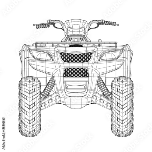 Wireframe of detailed ATV from black lines isolated on white background. Front view. 3D. Vector illustration