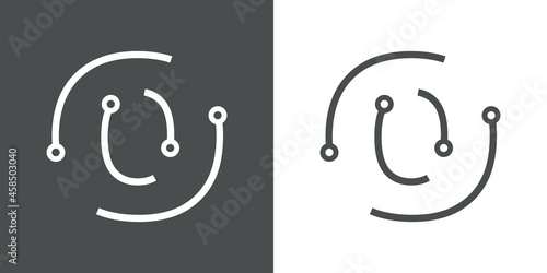 Logotipo letra inicial O con forma de circuito electrónico con lineas en fondo gris y fondo blanco
