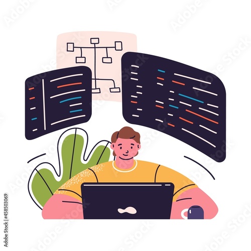 Programmer coding at laptop. Software developer work with business project structures and systems, analyzing data. Program development concept. Flat vector illustration isolated on white background