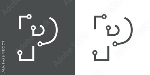 Logotipo letra inicial P con forma de circuito electrónico con lineas en fondo gris y fondo blanco