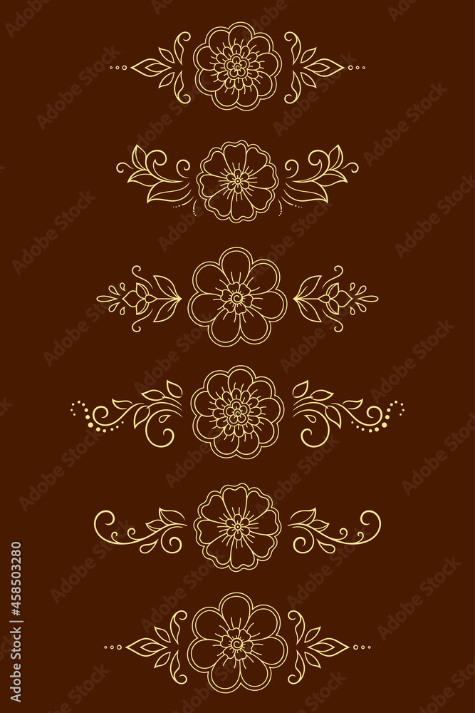Set of Mehndi flower pattern for Henna drawing and tattoo. Decoration in ethnic oriental, Indian style. Doodle ornament. Outline hand draw vector illustration. Set of Mehndi flower pattern for Henna drawing and tattoo. Decoration in ethnic oriental, Indian style. Doodle ornament. Outline hand draw vector illustration.