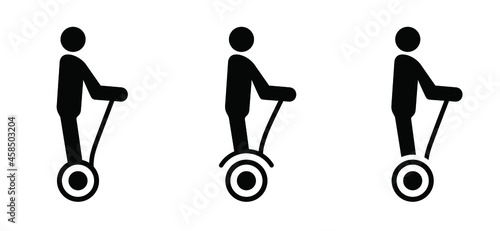 Man riding e-step, silhouette stickman icon or pictogram. Alternative personal transport, stay on a eScooter or eBrommer. Traffic way, city logo. Vector man, stick figure. Steps set.