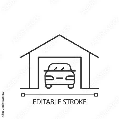 Parking space nearby linear icon. Residential garage. Accessible space for vehicles. Thin line customizable illustration. Contour symbol. Vector isolated outline drawing. Editable stroke