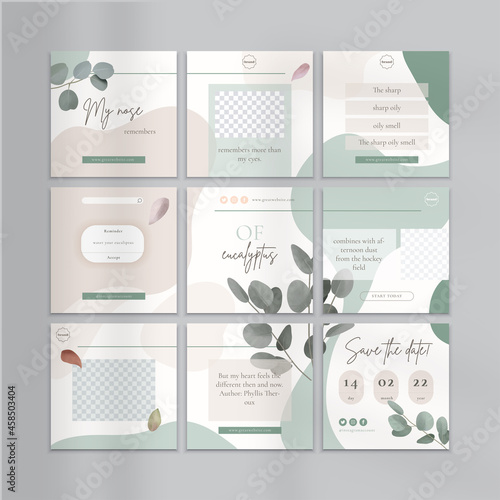 Vector template for social media feed, corporate style templates,  set of 9, pastel colors, with shadow overlay
