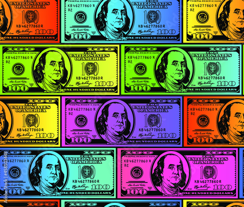 100 dollars bill bank notes seamless pattern background. Vector illustration. Benjamin Franklin. Used for textiles and printing